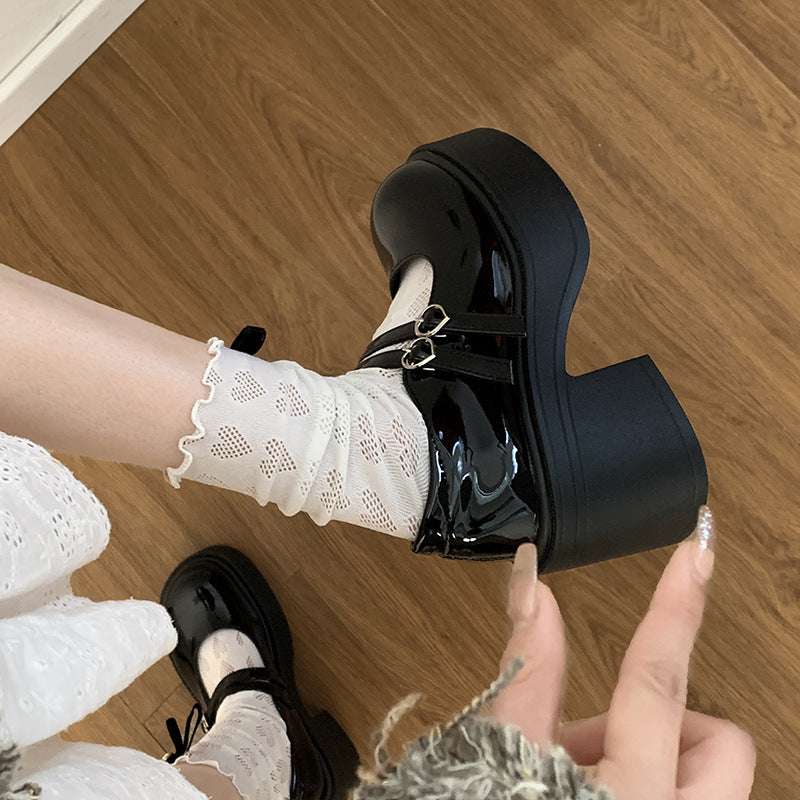 Thick Bottom Round Toe Leather Shoes Women's All-match