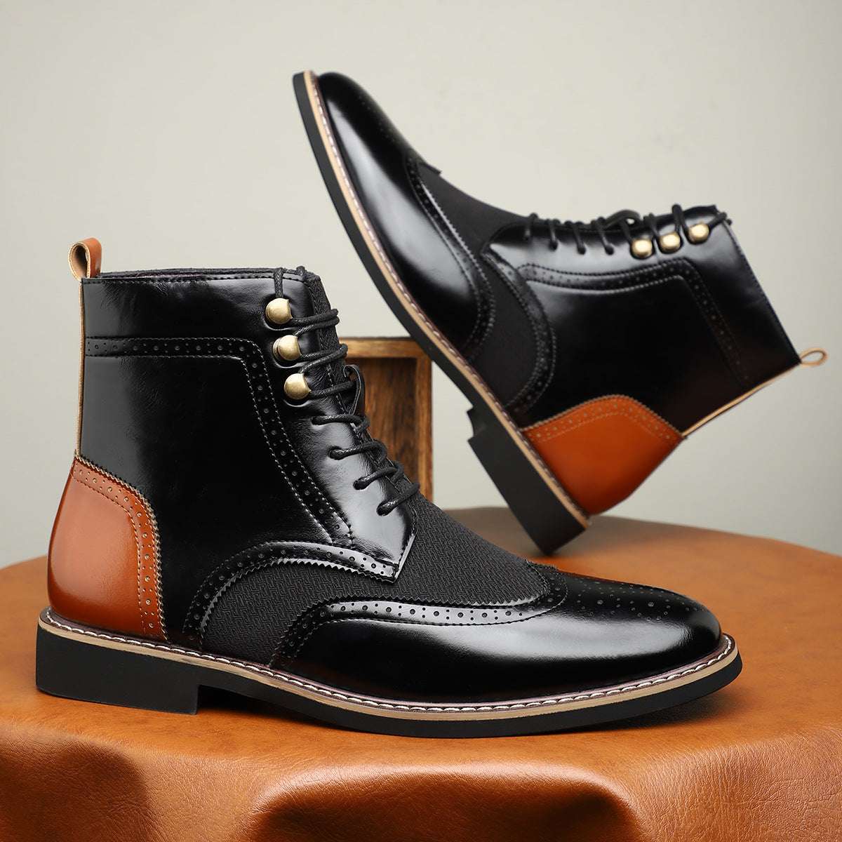 New British Men's High Top Color Blocked Leather Shoes