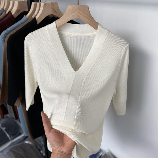 Ice Silk Slim Fit Slim Looking Base Knitwear Short Sleeve