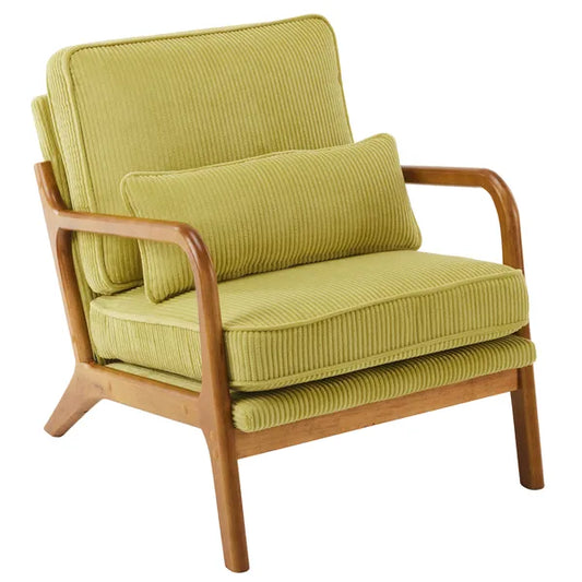 Olive green corduroy upholstered low arm accent chair with sturdy interior frame