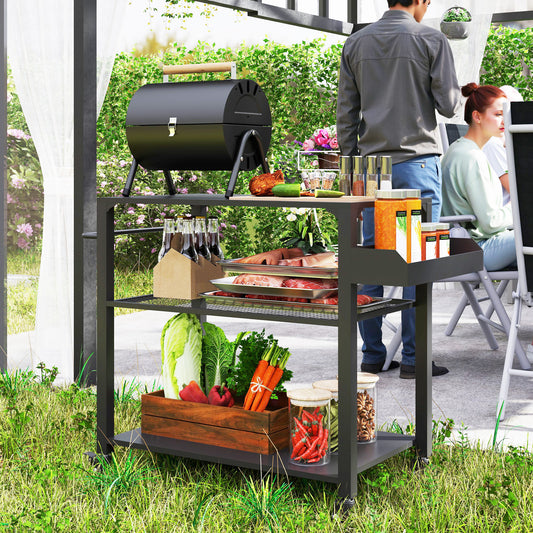 Portable 3-tier outdoor grill cart and pizza oven table featuring multi-level storage racks, a sturdy side handle, and wheels for easy transport in a backyard.