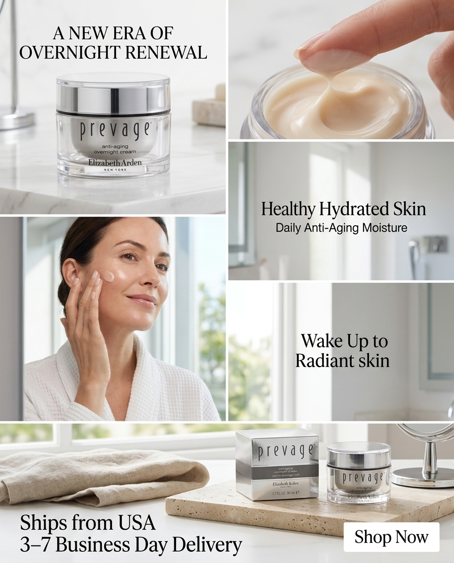Prevage overnight anti-aging cream jar with close-up of skin smoothing motion