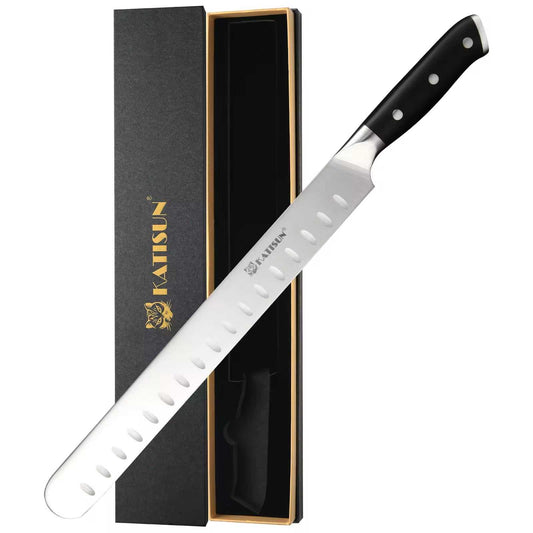10-inch carbon steel chef knife with dimples, black handle, KATISUN gift box