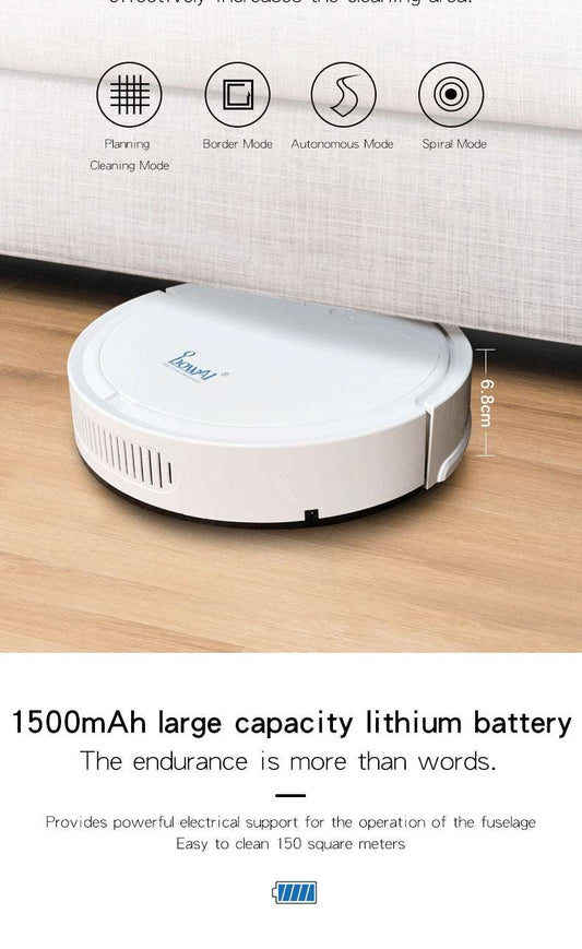 Robotic vacuum cleaner on a wooden floor with text about battery capacity and features.