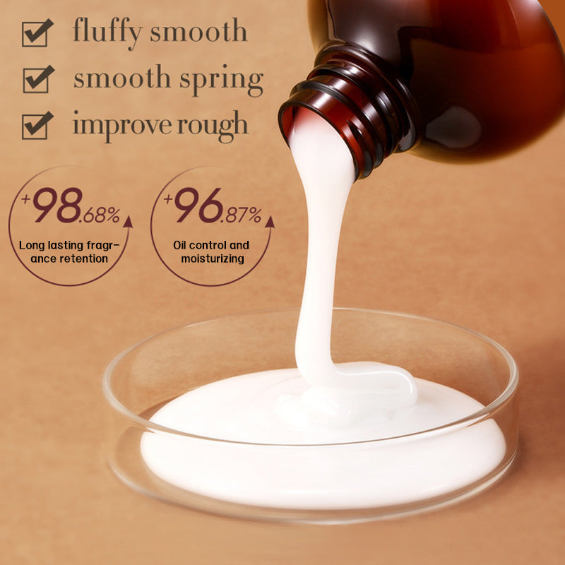 Bottle pouring white cream into a glass dish with text on a brown background