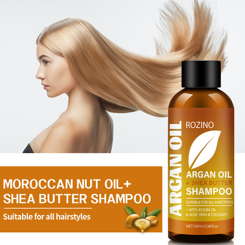 Rozino Argan Oil Shampoo bottle with a woman with blonde hair on a white background