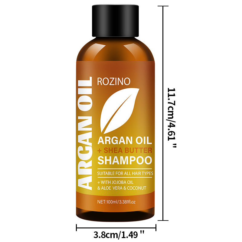 Bottle of Rozino Argan Oil + Shea Butter Shampoo with dimensions on a white background