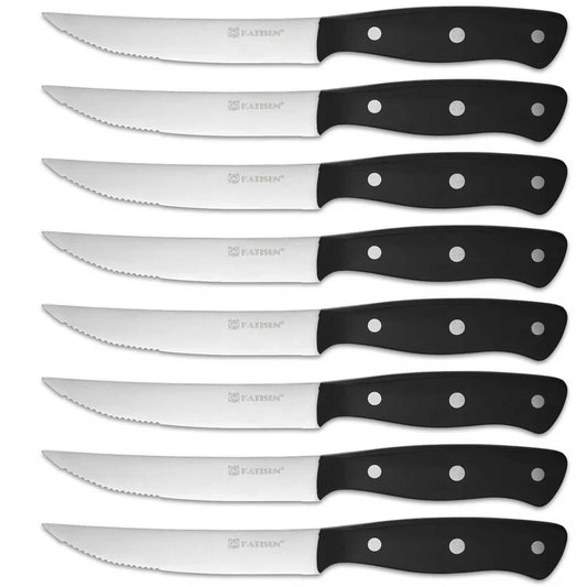8-piece steak knife set with serrated blades and black POM handles