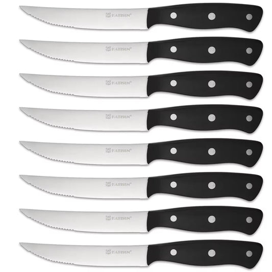 Set of eight polished 4.5-inch carbon steel steak knives with sleek black POM handles, neatly arranged inside a premium black gift box
