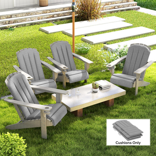 Set of four gray high back cushions with ties secured on Adirondack chairs