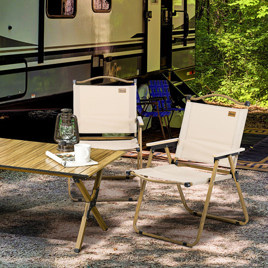 Set of two khaki lightweight folding camping chairs with armrests in a grassy park setting