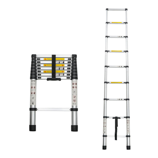 Silver 8.5FT aluminum telescoping extension ladder leaning against a wall for indoor maintenance work