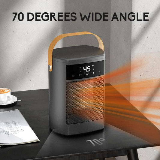 Portable heater on a table with '70 Degrees Wide Angle' text above it.