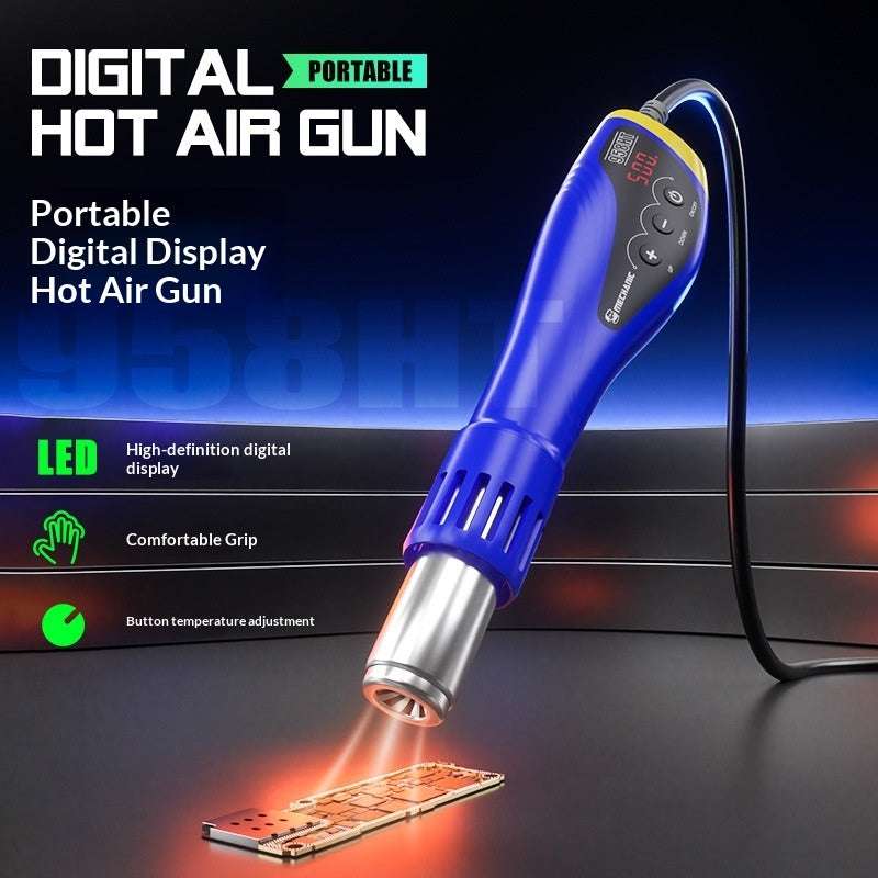 Portable blue hot air gun with digital temperature display and metallic nozzle