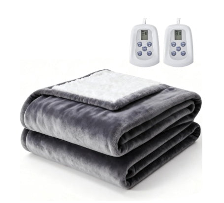 Soft grey Edx electric heated blanket with dual controllers on a bed, highlighting the thick Flannel and Sherpa texture