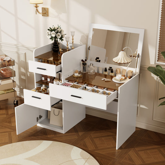 Space-saving white makeup vanity featuring a flip-top mirror, a clear glass tabletop section, and ample storage drawers for bedroom organization.