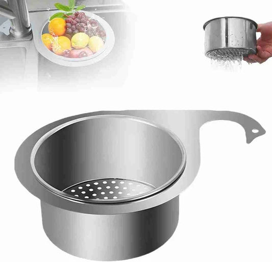 Swan-shaped stainless steel strainer basket hooked onto a kitchen sink faucet, filtering food scraps and draining water