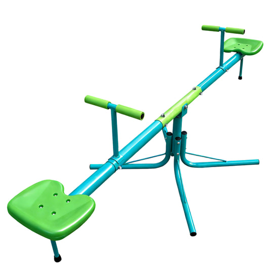 Toddler 360-degree swivel seesaw teeter-totter in a backyard playground setting.