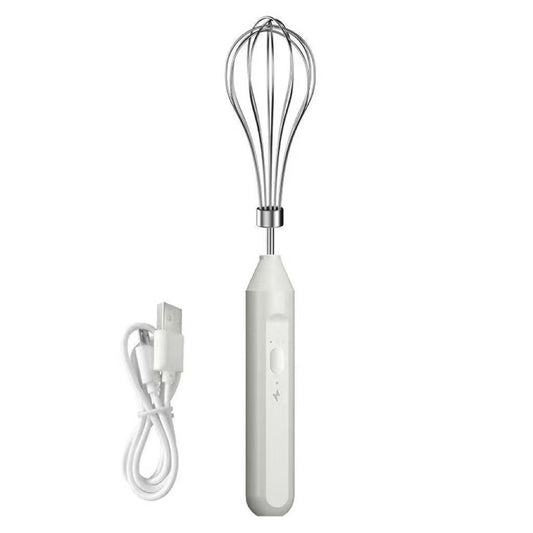 White handheld whisk with USB cable on a white background