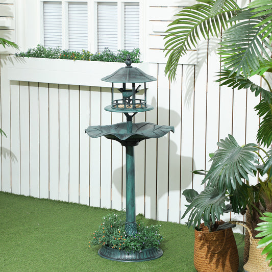 Verdigris green 3-in-1 garden pedestal featuring a bird bath bowl, a top-mounted bird feeder, and a base designed as a decorative flower planter.
