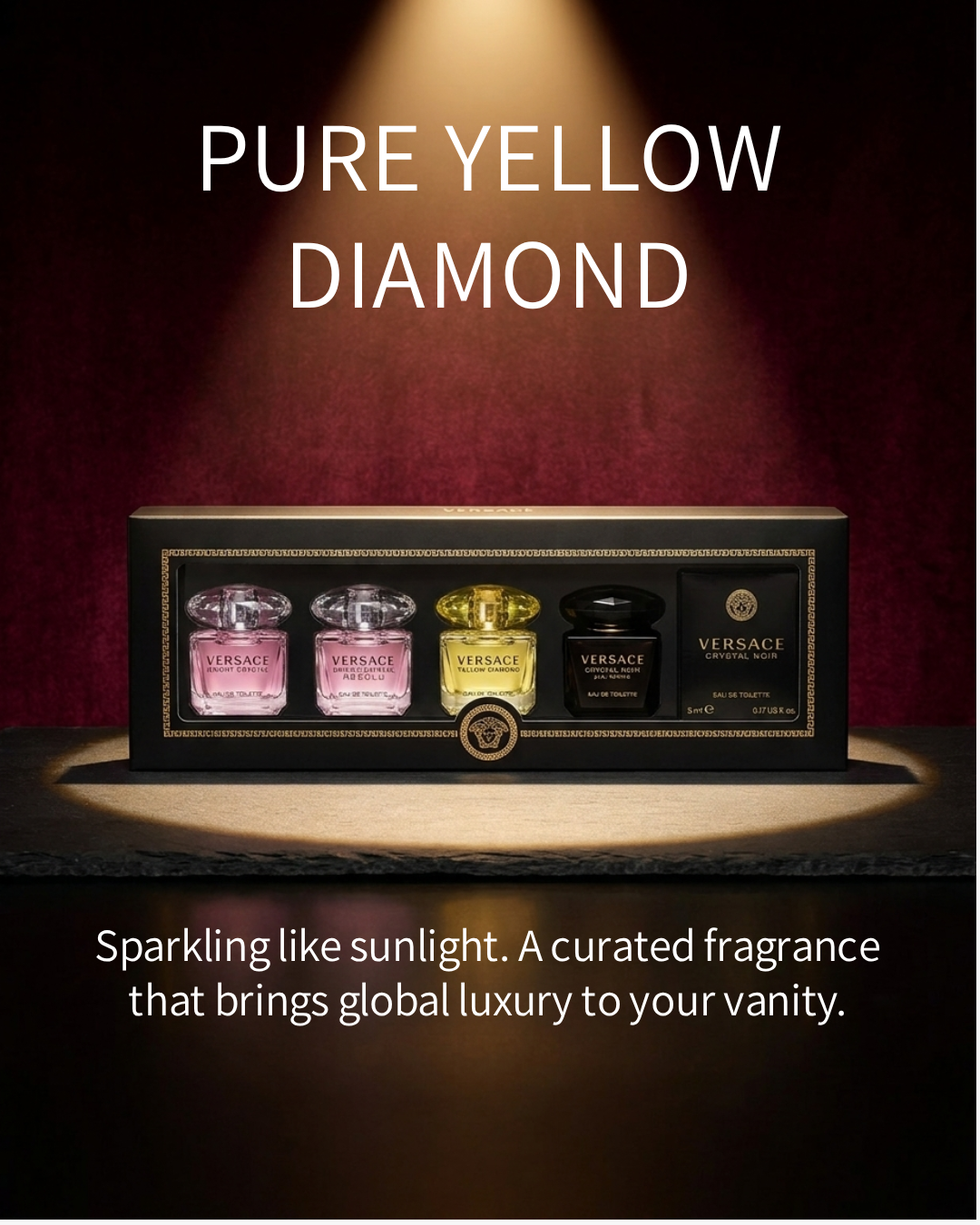 Five mini perfume bottles set in decorative display box with metallic trim