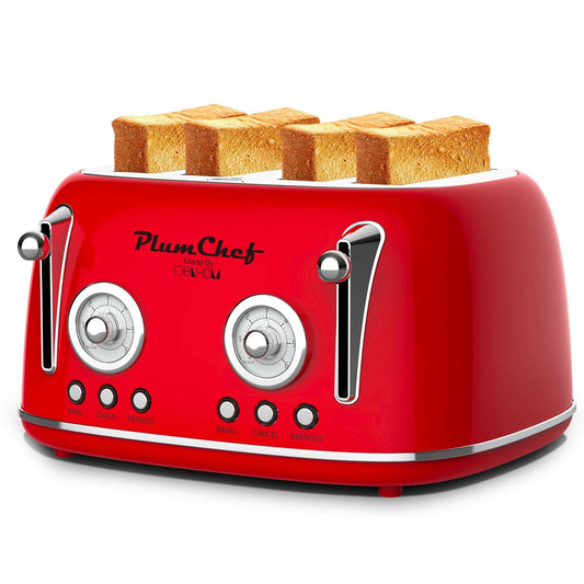Vibrant red retro-style 4-slice toaster with stainless steel housing and chrome accents on a modern kitchen countertop
