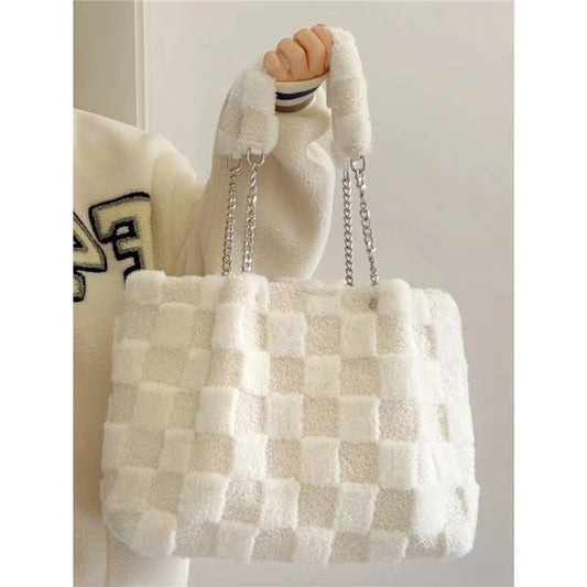 White Plush One Shoulder Casual Tote Bag