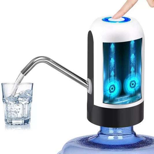 White and black electric water pump mounted on top of a 5-gallon blue water bottle, dispensing water into a glass with a single button press