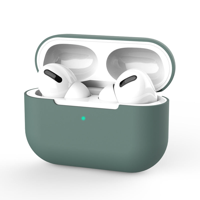 White wireless earbuds in a green case on a white background