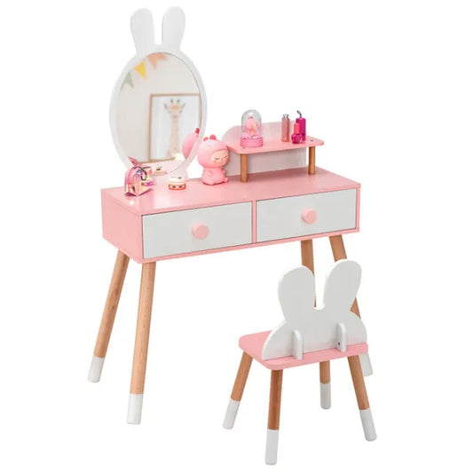 White wooden kids vanity table with a heart-shaped detachable mirror, storage drawers, and matching stool in a decorated girl's bedroom