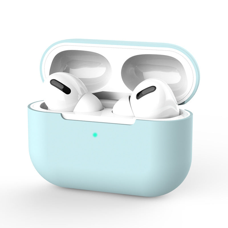 Wireless earbuds in a light blue case