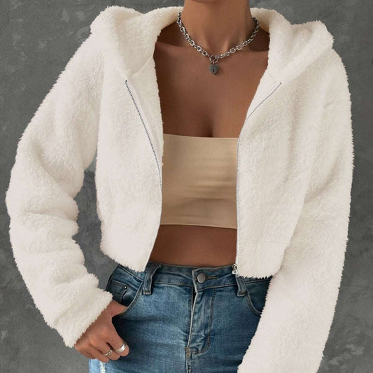 Women's Casual Short Fleece Hooded Jacket