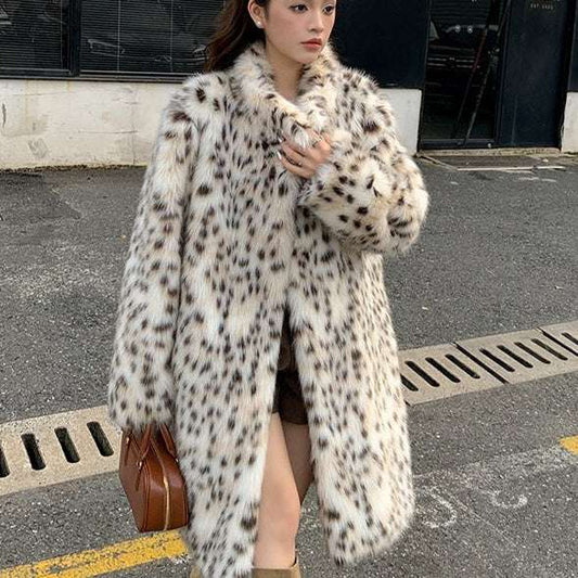 Women's Leopard-Print Fur Coat - Lapel & Fashionable Leopard-print Fur And Lapel Fur Coat For | Ectron Online
