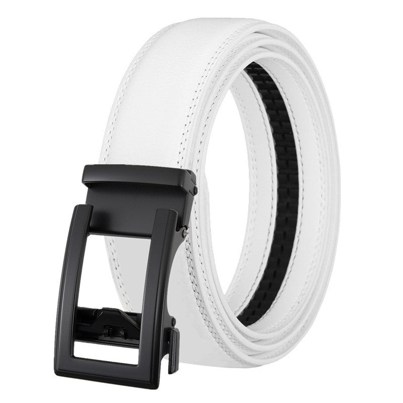 Men's Leather Belt Automatic Buckle Two-layer Cowhide Hollow in white with sleek automatic buckle.