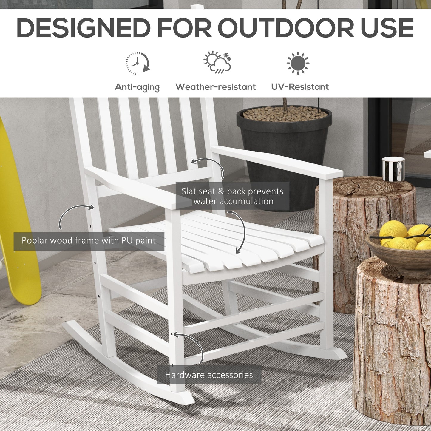 White wooden porch rocking chair with slatted back and seat, sturdy arm supports