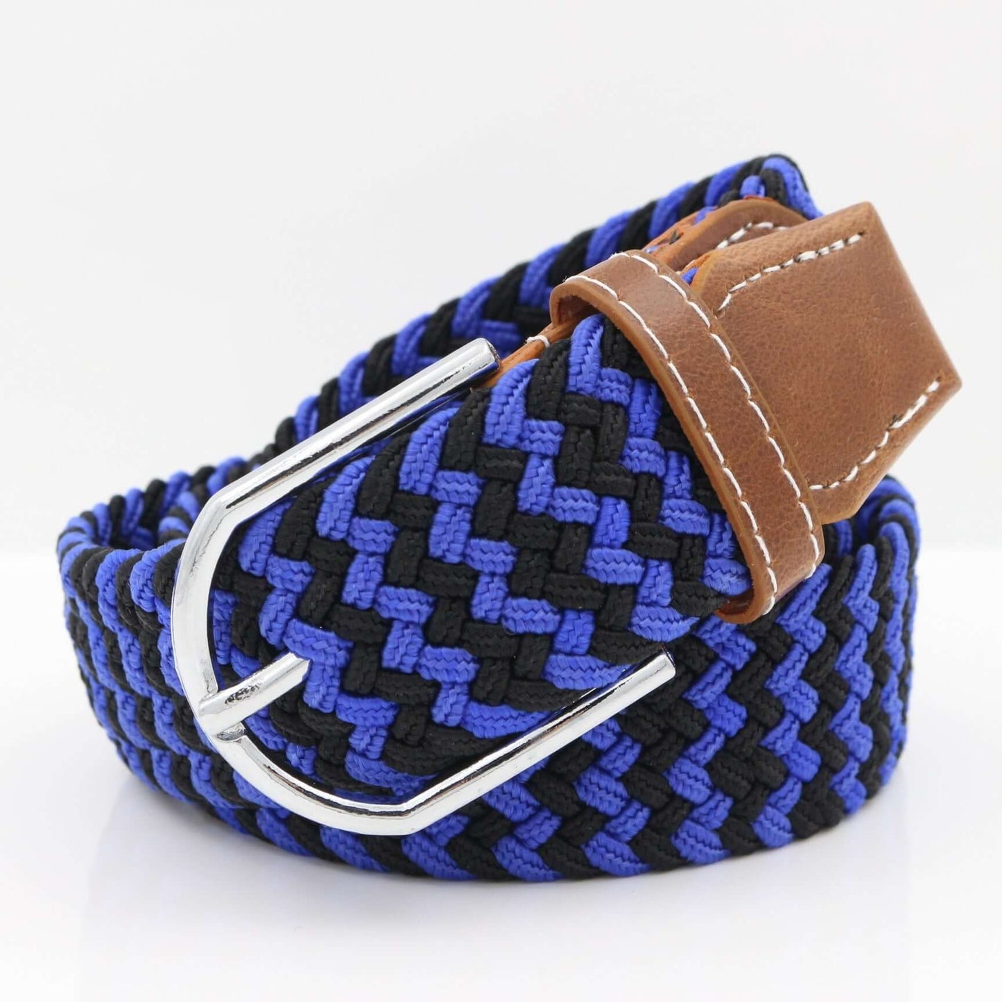Simple Stretch And Breathable Canvas Woven Belt featuring a blue and black woven design with a silver buckle.