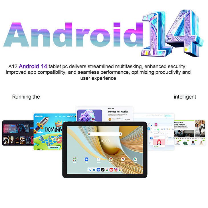 Advertisement for Android 14 tablet with colorful text and tablet display.