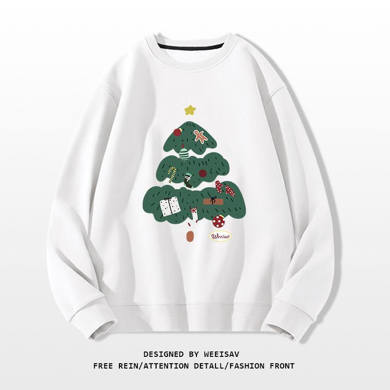 White sweatshirt with a Christmas tree design on a white background