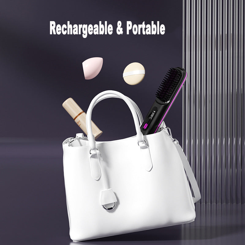 2 In 1 Straight Hair Comb Wireless Hair Straightener Brush Hair Fast Heating Portable Hot Curler USB Charging - Ectron Online