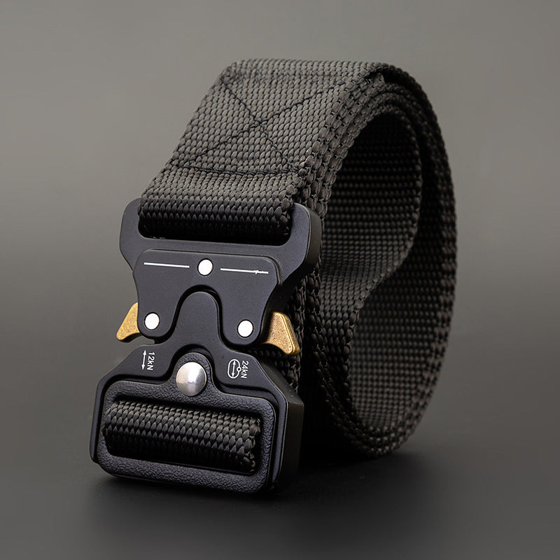 Men's Outdoor Nylon Elastic Buckle Belt Work Clothes Belt in plain black with secure buckle and durable fabric.