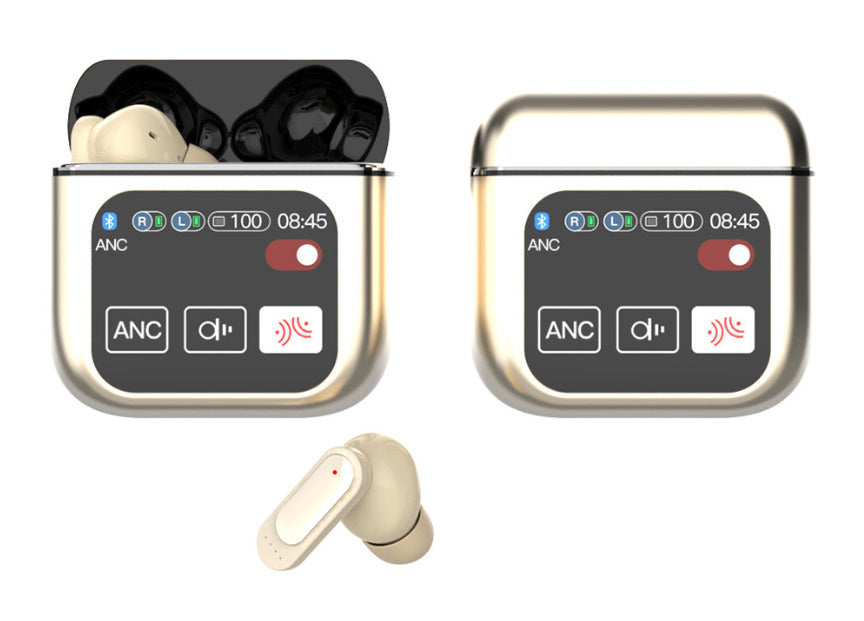 Wireless earbuds with charging case on a white background