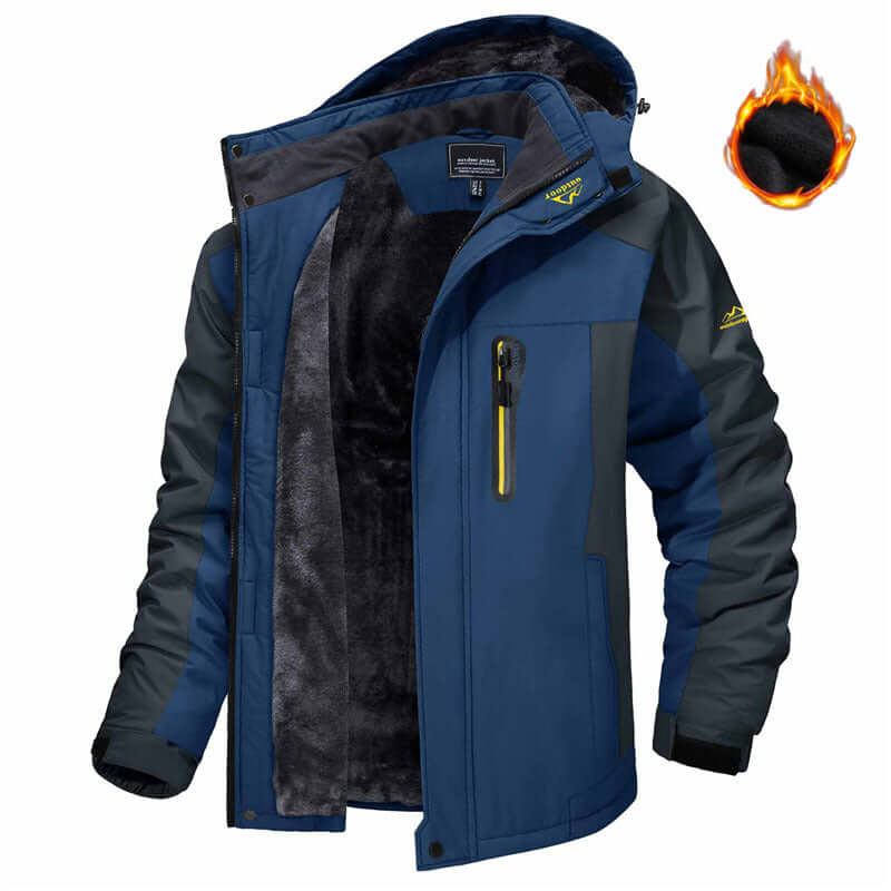Men's fleece-lined hooded parka in blue and dark gray, front zip, visible fleece lining.