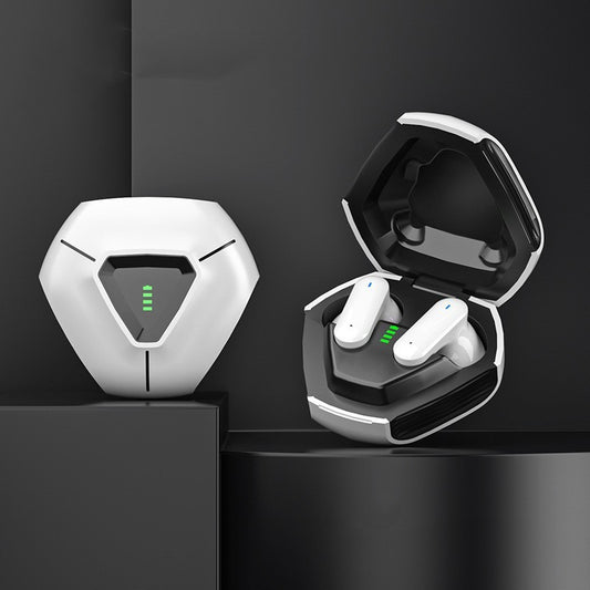Wireless earbuds with charging case on a black background