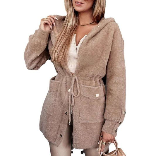 Stylish Hooded Jacket with Drawstring Belt Fashion Drawstring Belt Zip Hooded Jacke | Ectron Online