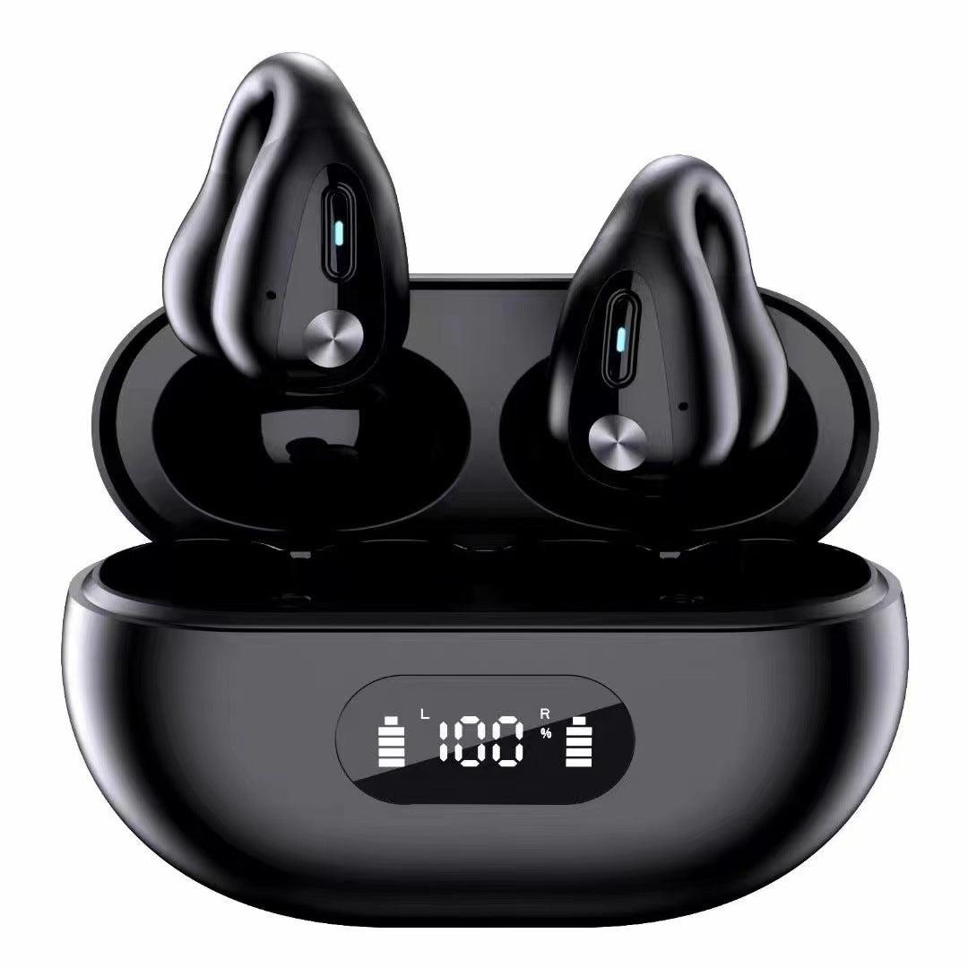 Black wireless earbuds with charging case on a white background