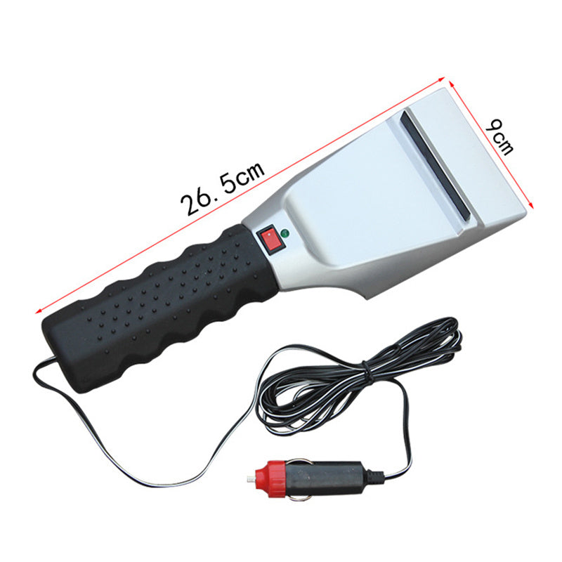 Electric car window scraper with measurements on a white background