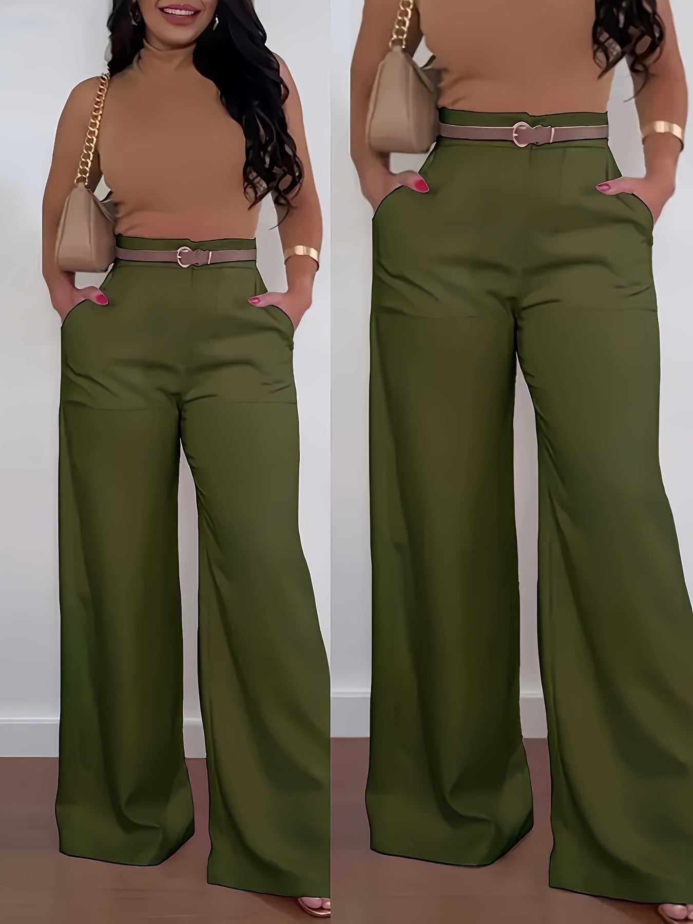 Army green wide-leg flared pants with belted waist and front pockets