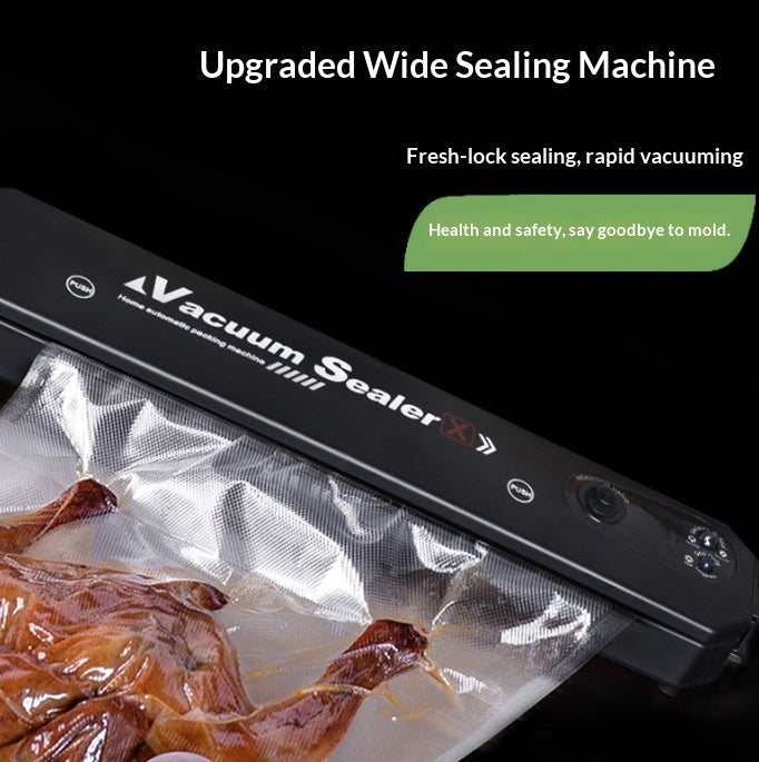 Black vacuum sealer with vacuum bag and sealing strip close-up