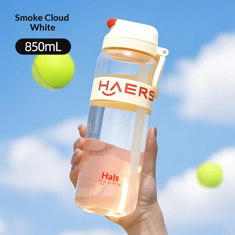 Smoke cloud white leak-proof water bottle with straw lid, 850ml capacity