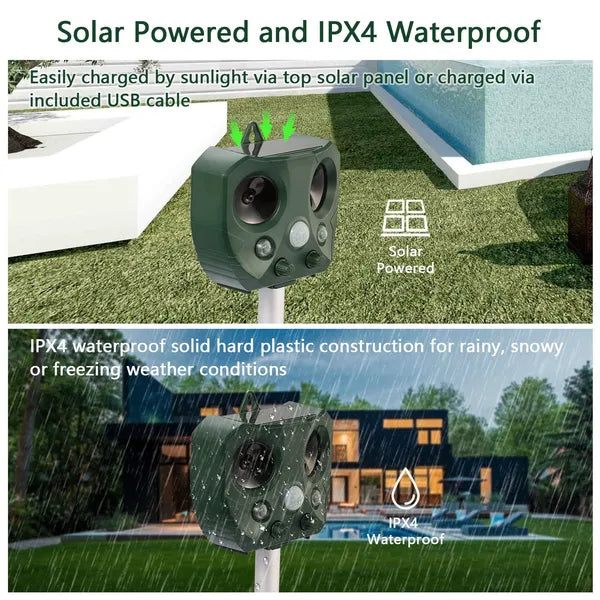 Solar Ultrasonic Animal Repeller - Motion Sensor & LED Flasher